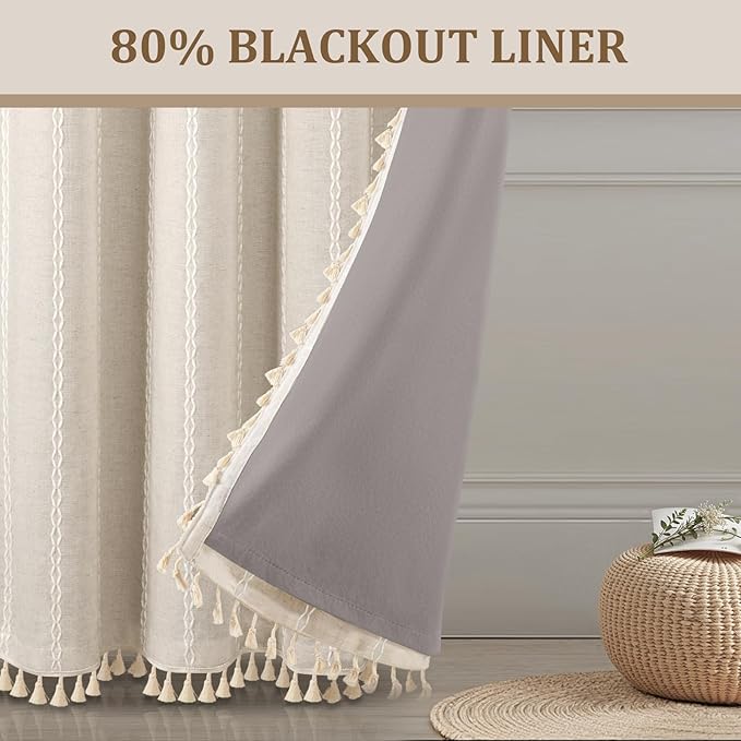 80% Boho Blackout Curtains 63 Inch Linen Blend Drapes 2 Panels | Vintage - Image 2