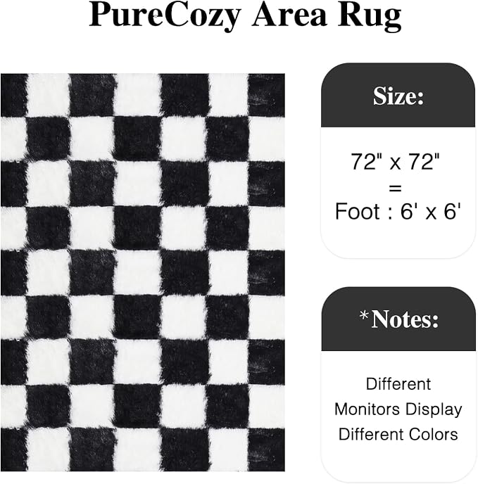 Checkered Round Rug 6ft for Playroom Black and White Soft Shag | Machine - Image 2