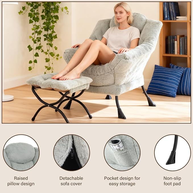Welnow Lazy Chair with Ottoman, Reading Chair with Footrest, Plush Green | A - Image 4