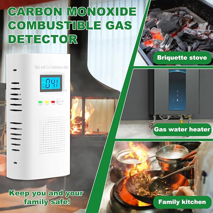 Combination Gas and Carbon Monoxide Detector Plug-in | CO Alarm & Natural Gas Combustible Detector | Digital Display, Battery Backup, Easy Install | for Home Kitchen Safety Monitoring 1-Pack