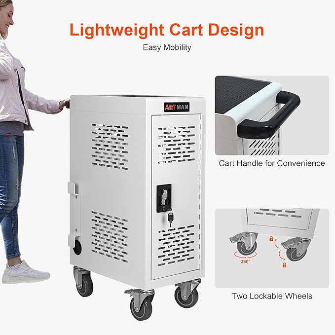 Aokleo Laptop Charging Cart,16 Devices Tablet Storage Carts for pad Up to 16.3" Screen Size, Classroom Computer Mobile Charging Station for Pads, Chromebooks,Laptops, Security Storage(16 Bay-White)