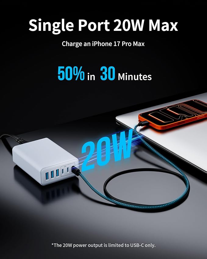 USB C Fast Charger, 105W GaN 6-Port Desktop USB Charging Station Hub, USB C Charger Block Wall Charger for iPhone 17/16/15/14/13/12/11, iPad, Samsung and More (Cable Organizer Included)