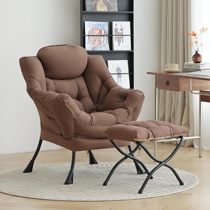 Lazy Chair with Ottoman, Comfy Accent Reading Chair, Dark Brown | Foldable - Image 9