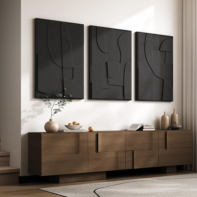 Large 3D Textured Framed Black Abstract Wall Art - Image 2