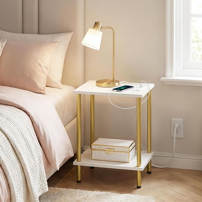HOOBRO Side Table with Charging Station, Nightstand with 2-Layer Storage Shelves - Image 4