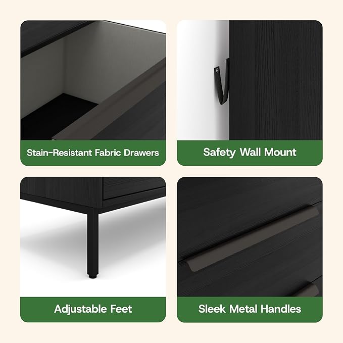 Lira Premium Fabric Dresser - Solid Wooden Frame, 8 Spacious Sag-Proof Drawers with Sleek Metal Handles - Premium & Durable Storage Solution for Your Home (Black)