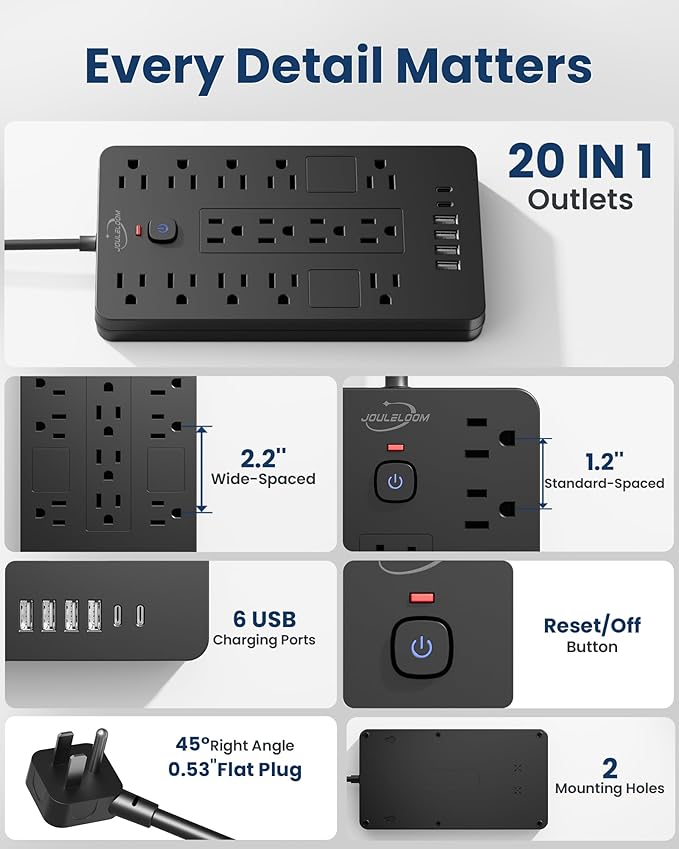 JouleLoom Surge Protector Power Strip-14 Outlets and 6 USB Ports, 6 Feet Flat Plug Extension Cord, 1850 Joules, Black, ETL Listed for Home, Office, Dorm Room