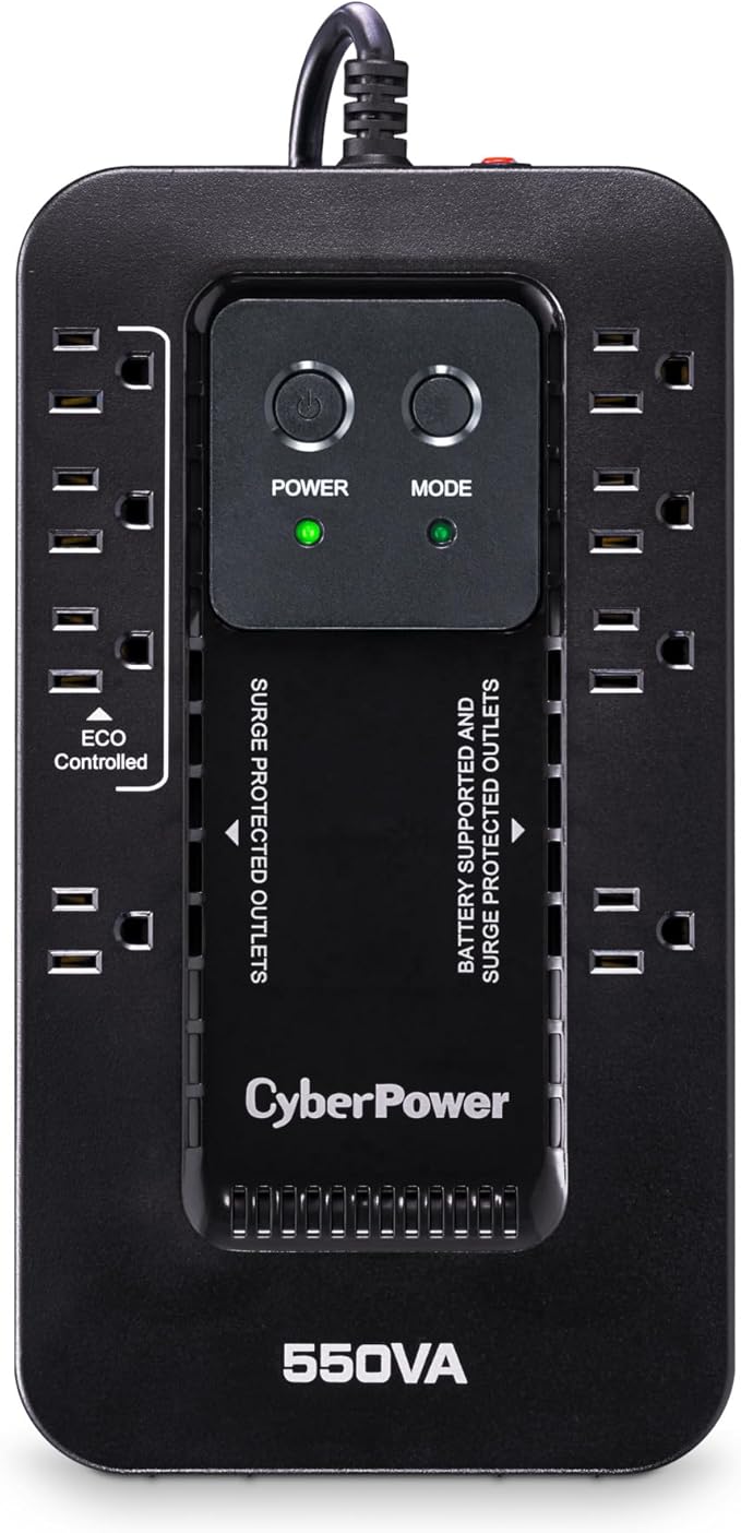 CyberPower EC550G Ecologic UPS Battery Backup and Surge Protector, 550VA/330W, 8 Outlets, ECO Mode, Compact, UL Certified