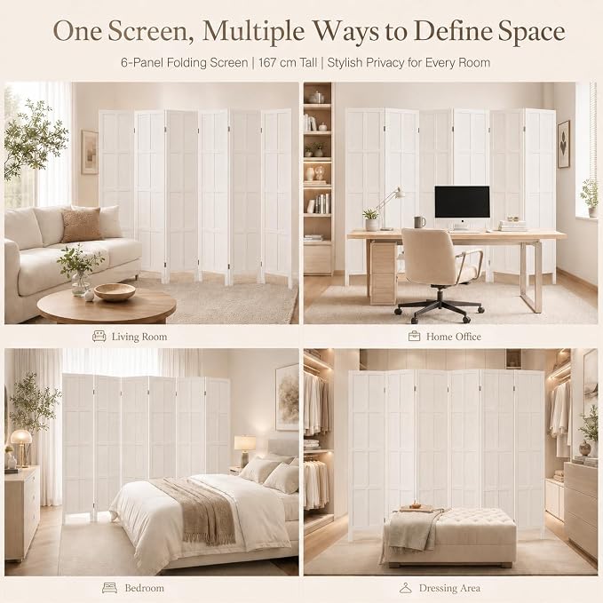 6 Panel Solid Wood Room Divider Folding Privacy Screen White | Freestanding - Image 6
