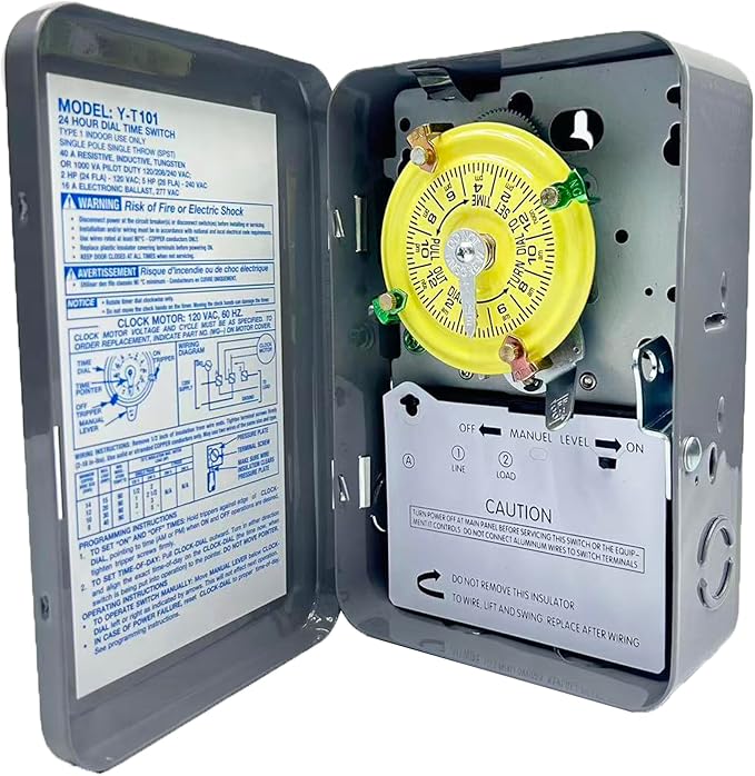 T101 Mechanical Time Switch,120 VAC 2HP 40A SPST,12 ON/Off 24 Hour Mechanical Time Switch,Heavy Duty, Manual Override,Indoor Metal Enclosure,for Lights, Pumps, Fans, and HVAC Systems