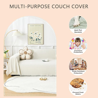 White Couch Cover Blanket Cute Geometrical Jacquard Washable Sofa Cover for Extra Large Furniture for 3 Cushion Sofa L Shaped Sectional Couch Blanket 71"x 118"