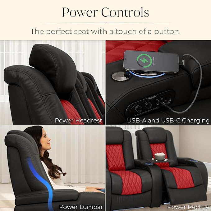 Seatcraft Diamante Zero-Gravity CoolZero Italian Leather Home Theater Seating, Power Headrest, Power Recline, Row of 4 Middle Loveseat, Black/Red