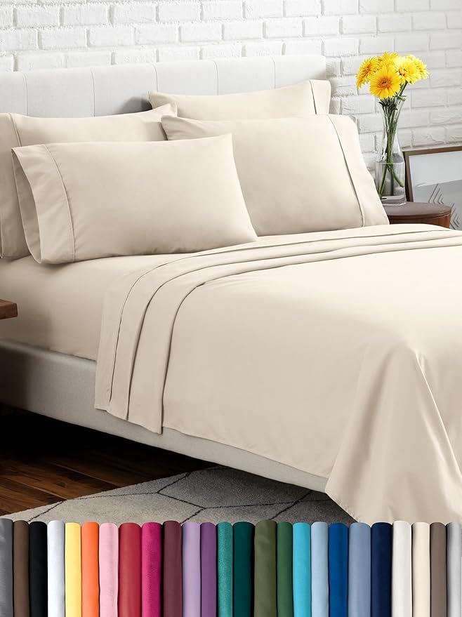 Bare Home Hotel Luxury Full XL Sheet Set, Extra Soft - 6 Piece Set - Deep Pockets - Easy Fit - Cooling & Breathable - Wrinkle, Fade, Stain Resistant - Includes 4 Pillowcases (Full XL, Sand)