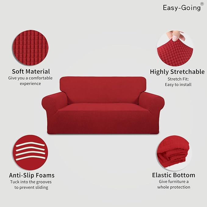 Easy-Going Stretch Oversized Loveseat Slipcover 1-Piece Sofa Cover Furniture Protector Couch Soft with Elastic Bottom for Kids Polyester Spandex Jacquard Fabric Small Checks Christmas Red