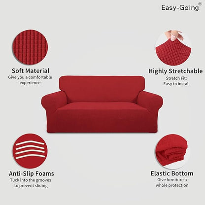 Easy-Going Stretch Oversized Loveseat Slipcover 1-Piece Sofa Cover Furniture Protector Couch Soft with Elastic Bottom for Kids Polyester Spandex Jacquard Fabric Small Checks Christmas Red