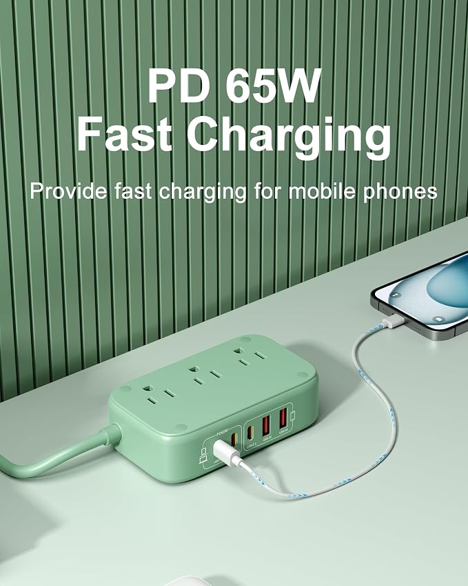 8-in-1 Flat Plug Power Strip, 85W PD USB C Desktop Charging Station | Green - Image 3