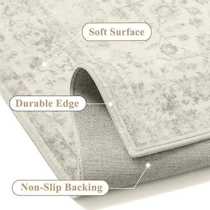 2x8 Grey Runner Rug Hallway Non Slip Kitchen Vintage Distressed Long Carpet Indoor Machine Washable Retro Floral Bedroom Accent Throw Rug for Office Laundry Bathroom Dining Living Room