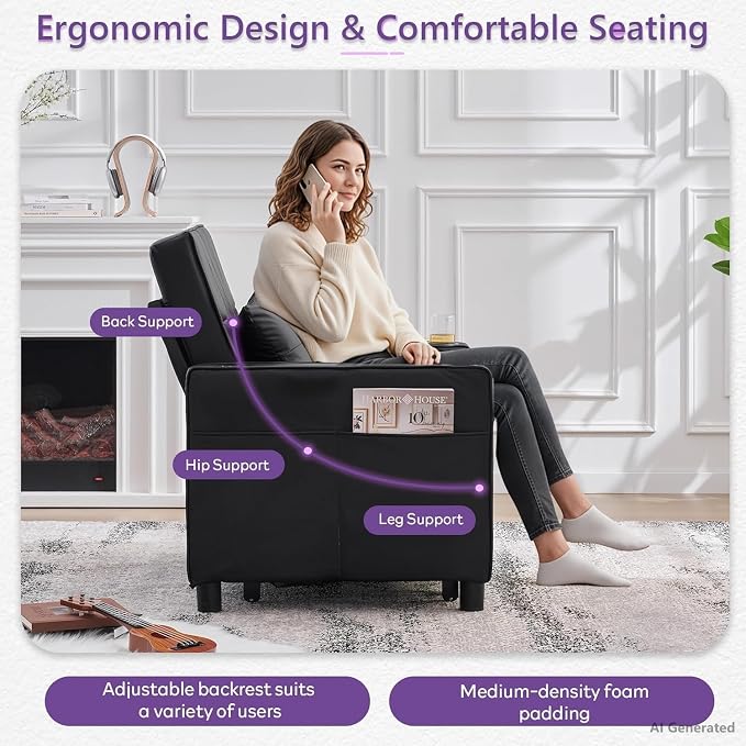 Faux Leather Convertible Sleeper Chair Bed, Single Pull Out Sofa, USB & Type-C - Image 5