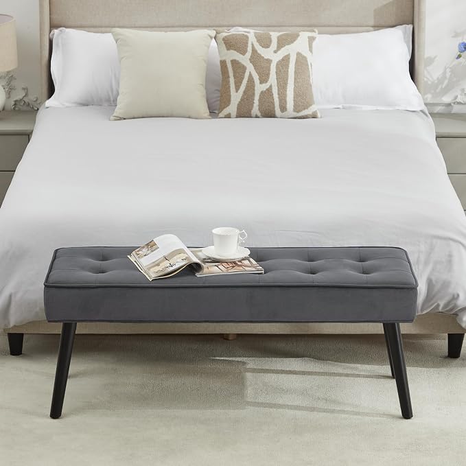 LOULENS Entryway Bench, Dark Grey | Wood Legs, Button Tufted, Upholstered Bench - Image 7