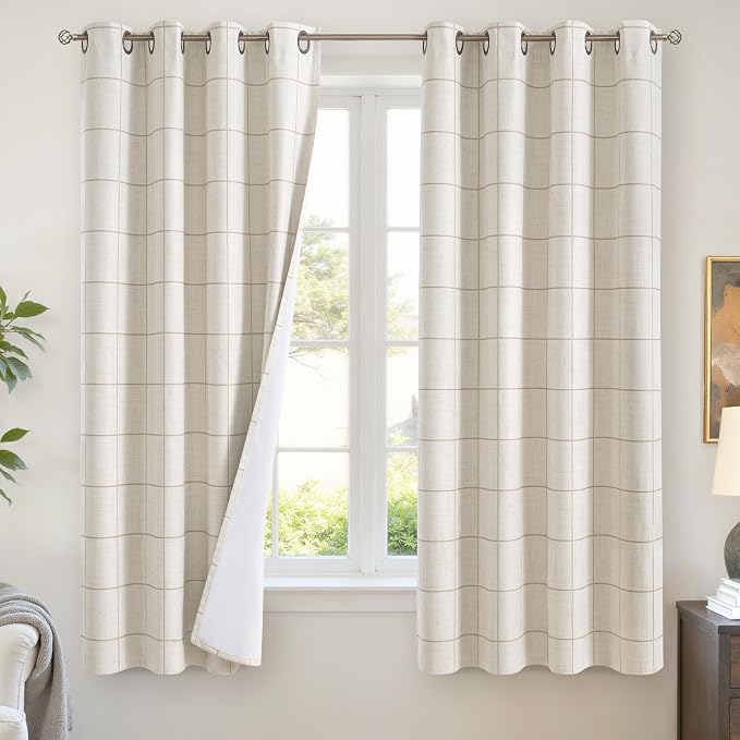 Plaid Blackout Curtains for Bedroom, 52x63 Inch 2 Panels, Natural | Boho by Lajode