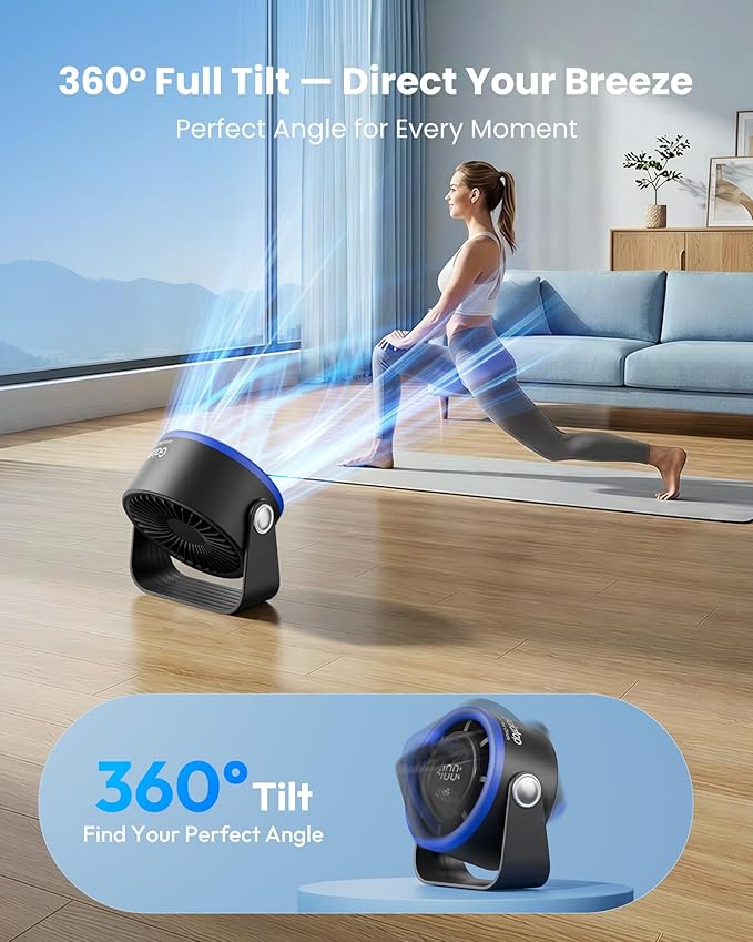 Gaiatop Small Desk Fan Rechargeable, 5in Personal Fan 4000mAh Battery Powered, Touch Control LED Display, 360° Tilt, 5-Speed Strong Wind, Bedroom Dorm Office Desk Accessories, Gifts for Women Men