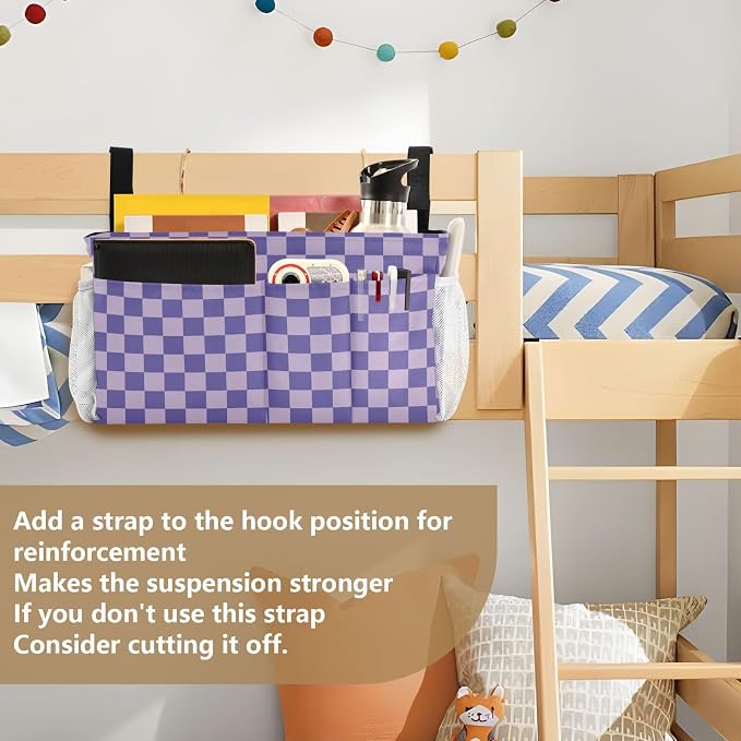 Purple Checkerboard Print Bedside Caddy Storage Bag Bedside Organizer - Image 6