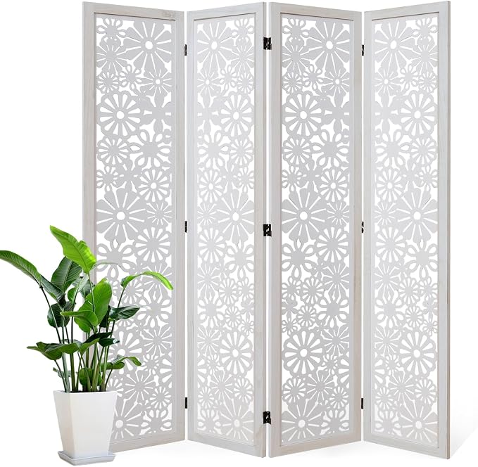 Folding Wood Room Divider Panel, 67 Inch Tall Daisy-Carved Privacy Screen by Svimi