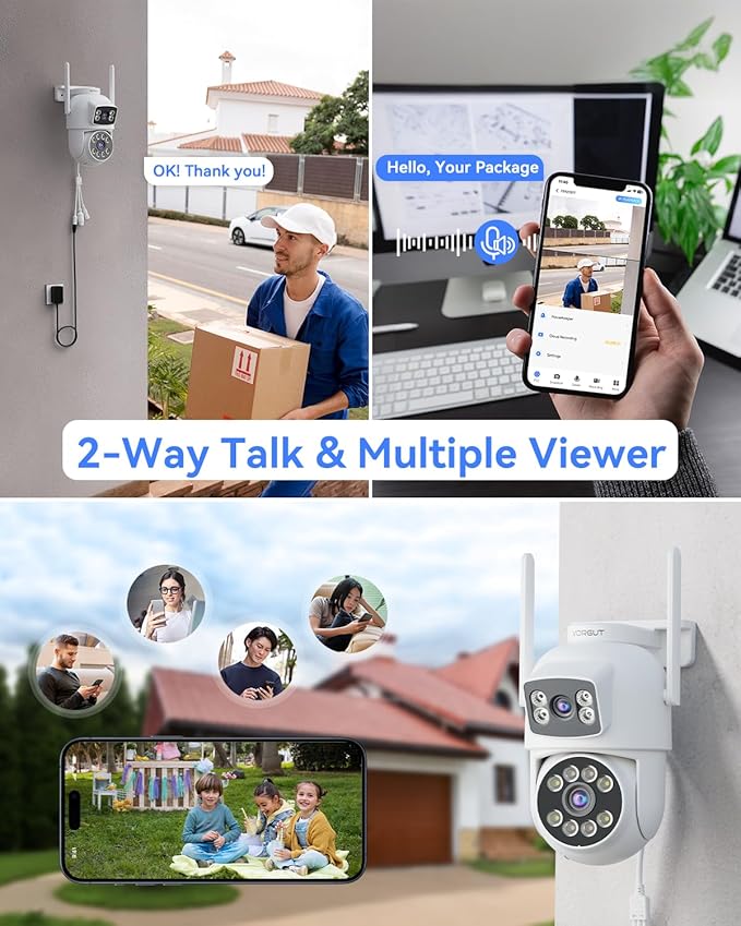 VORGUT Security Camera System Wireless Outdoor with 12" Monitor, 2pcs 2K Dual Lens Cameras for Home & Business Surveillance, 360° PTZ, 2.4G/5G WiFi, Human Detection, Auto Tracking, 16CH NVR, 500G HDD