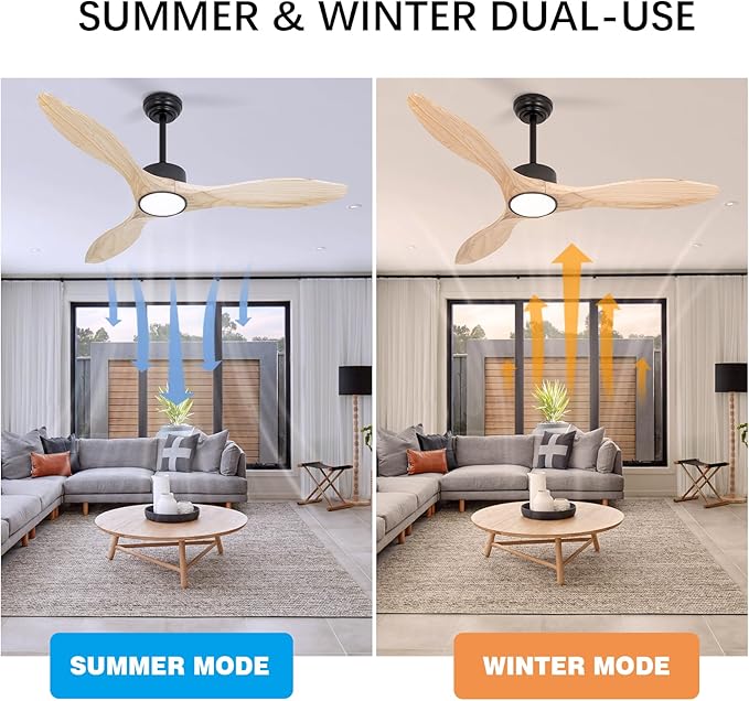 Revoici 52 inch Ceiling Fans with Lights and Remote, 3 Natural Wood Blades, Modern Indoor/Outdoor Ceiling Fan for Living Room Bedroom Farmhouse Patio, 6 Speeds, Dimmable, Noiseless Reversible DC Motor