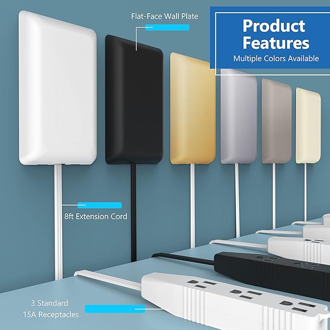 LIDER Flat-Face Outlet Extender with 3 Receptacles, Ultra-Thin Wall Plate Plug with Cord Extender and 3-Outlet Power Strip, 8ft Cord, LWE8-315-W, ETL-Listed, White