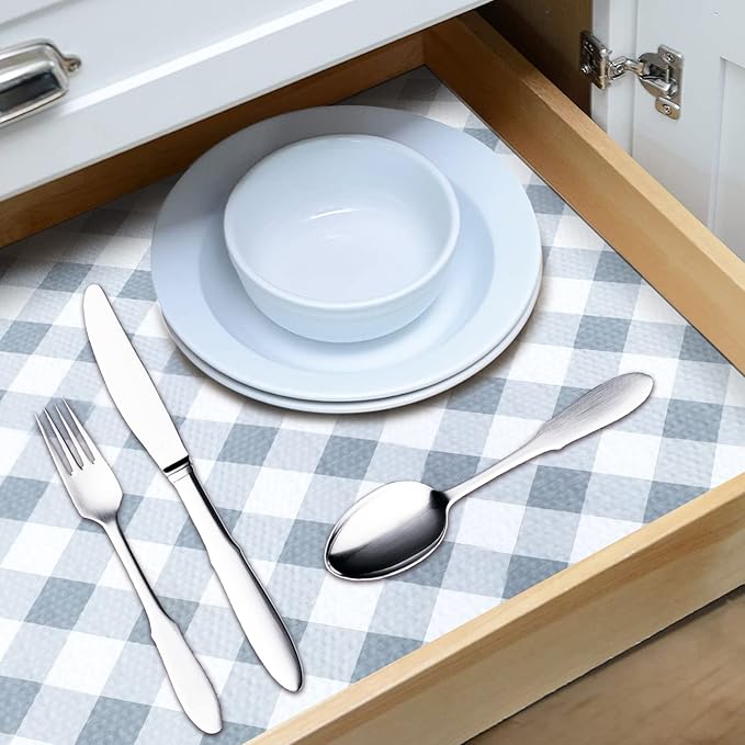 RAY STAR 18X96 Inch Shelf Liner for Kitchen Cabinets, Non-Adhesive Cabinet Liner Washable, PVC Drawer Liner for Dresser Non-Slip Bathroom (Plaid)(5 Roll)