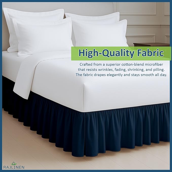 Rajlinen Ruffled Bed Skirt Full XL, 15 Inch Drop Dust Ruffle with Split Corners, 100% Microfiber Bedskirt with Platform, Three-Sided Coverage Ruffled Gathering Design, Navy Blue
