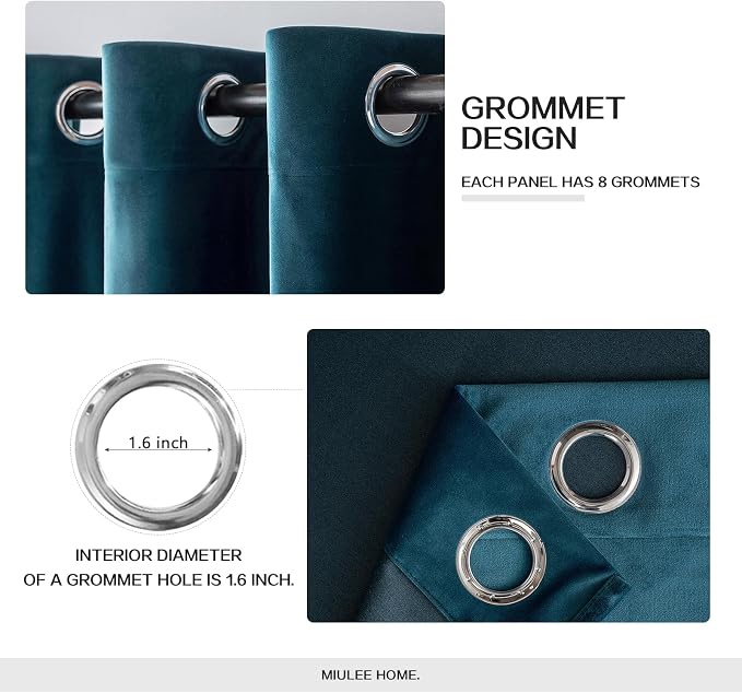 MIULEE Velvet Curtains Peacock Blue 52 x 72 Inch Length Set of 2 | Grommet - Image 2