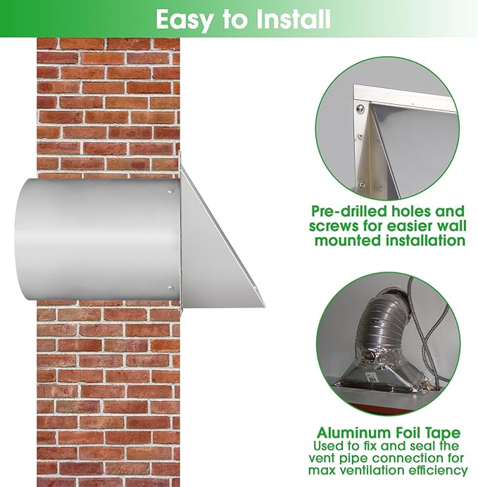 8 Inch Wall Vent,Hooded Wall Vent with Screen and Damper,Outdoor Wall Exhaust Vent Cover Exterior Wall Mount Cap for Kitchen Range Hood HVAC Duct Dryer Air Ventilation,Stainless Steel