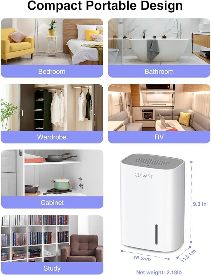 CLEVAST Small Dehumidifier for Home, 30oz Mini Quiet Dehumidifier for Bathroom & Bedroom, Portable Compact Air Dehumidifier for Closet, RV, Camper (285 sq. ft)