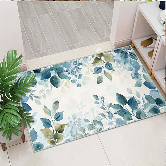 2x3 Botanical Leaf Entryway Area Rug Blue White Leaves Bathroom Rug Non Slip Machine Washable Low Pile Small Carpet Kitchen Bedroom Door Mat Entrance
