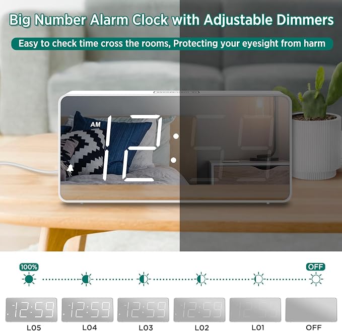 Peakeep Digital Alarm Clock for Bedroom Bedside, Large Display 5 Dimmers | - Image 5
