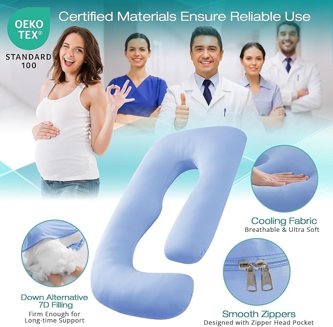 Cooling Pregnancy Pillows for Sleeping, Light Blue | Sasttie Maternity Pillow - Image 3