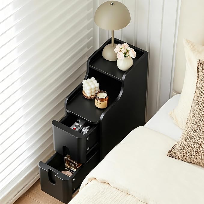 Black Narrow Nightstand, Wood 2 Drawer Small Nightstand, Slim Side Table - Image 3