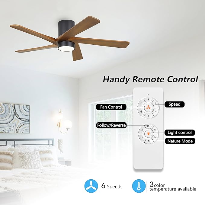 WINGBO 48 Inch Flush Mount DC Ceiling Fan with Lights and Remote, 5 Reversible Carved Wood Blades, 6-Speed Noiseless DC Motor, Hugger Ceiling Fan in Matte Black Finish with Walnut Blades, ETL Listed