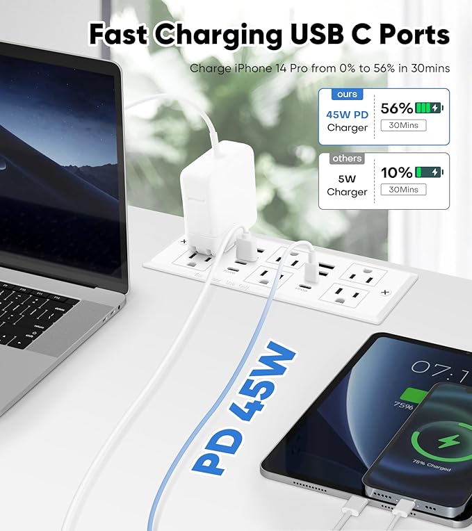 VILONG 14 in 1 Recessed Power Strip with PD 45W USB-C, Flush Mounted Drawer Outlet, 6 Outlets & 8 USB Ports, 45° Flat Plug, 6FT Extension Cord, Conference Desktop Built in Power Strip(White)