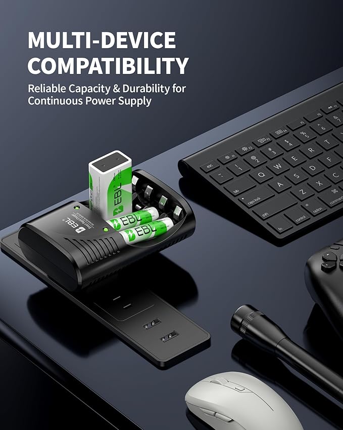 EBL Rechargeable AAA Batteries 4 Packs, Battery Charger with Foldable AC Power Plug for AA AAA 9V Ni-MH Ni-CD Rechargeable Batteries