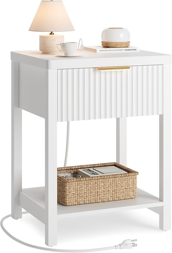 Night Stand Set 1, Fluted Wood Bedside Table w/Socket Station by Lulive