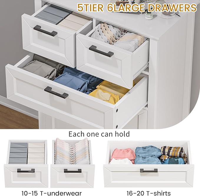 Odeekea White Dresser with 6 Drawers, Vertical Tall Dresser for Bedroom, Chest of Drawers for Nursery, Wood Closet Drawers for Hallway, Living Room, Entryway, 47” Tall Modern Farmhouse Style