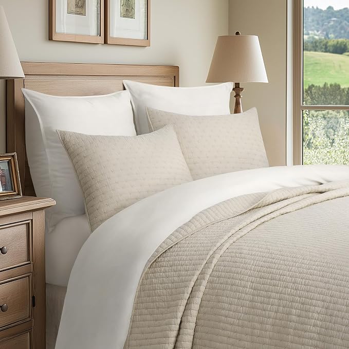 100% Cotton Cross Stitch 3-Piece Quilt Set, Flax Beige | Cross Stitch Cotton - Image 2