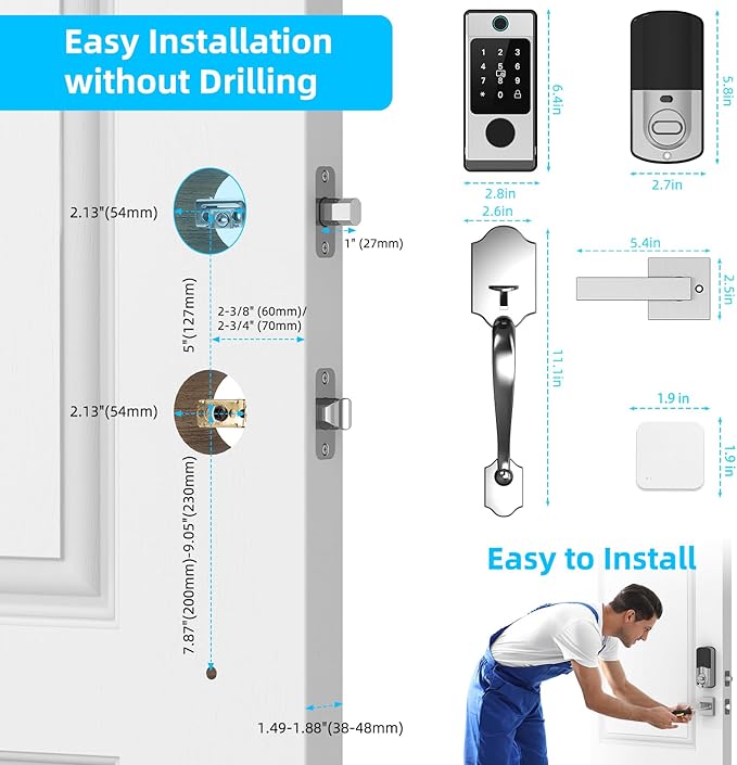 WiFi Smart Locks for Front Door with Handle Sets, Keyless Entry Door Lock Fingerprint Deadbolt, Electronic Digital Touchscreen keypad, App Control, Easy to Install (Silver)