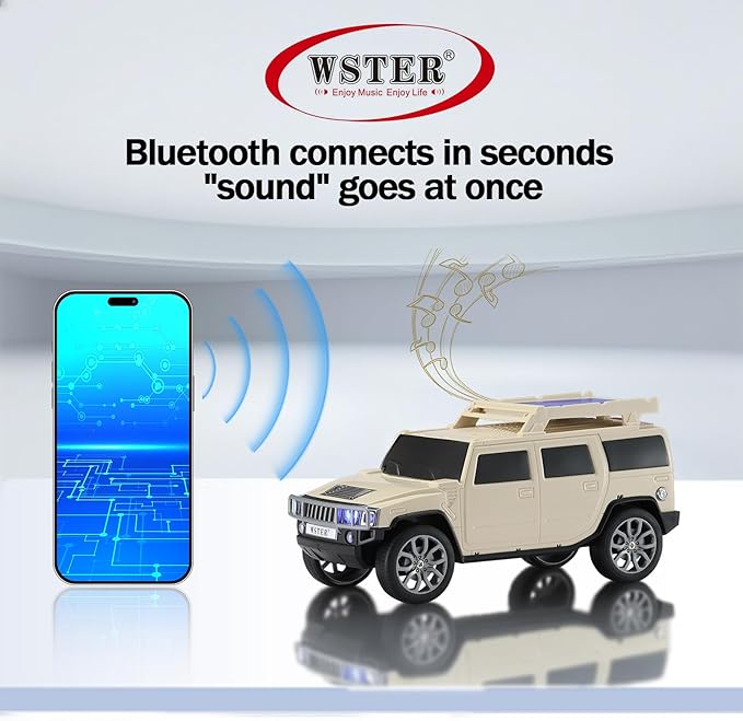 WSTER WS-696 Solar Bluetooth Replica Speaker – Portable Modern Off-Road Car Design with HD Sound, TWS, LED Party Light, USB/TF Playback, FM, Built-in Microphone, Surprise Gift(Beige)