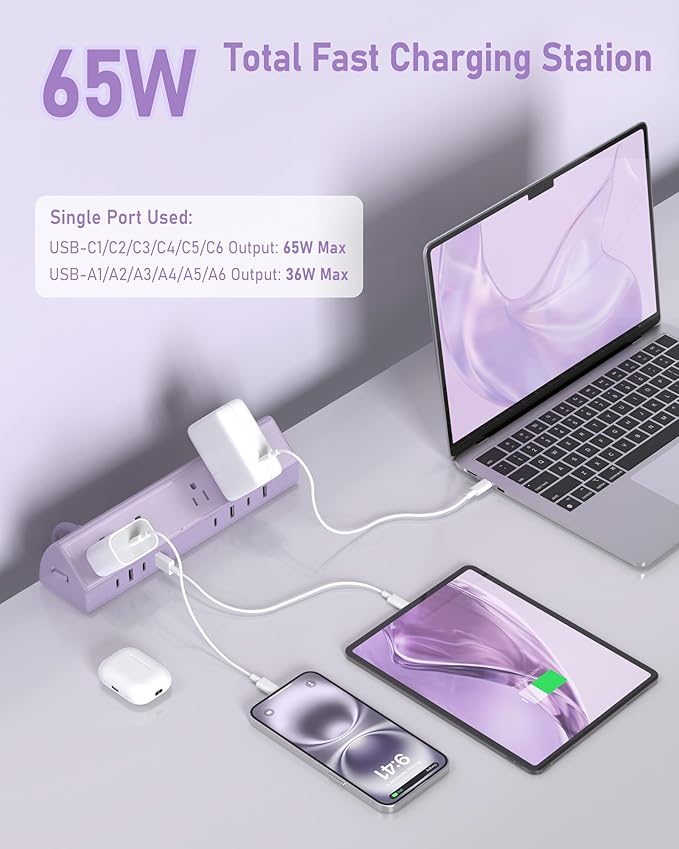 Jgstkcity Desk Clamp Power Strip,65W Fast Charging Station,4 USB-C,4 USB-A,1200J Surge Protector,ETL Listed,1875W Extension Cord,Multiple Outlets for Home, Office (Purple, 6 FT Cable)
