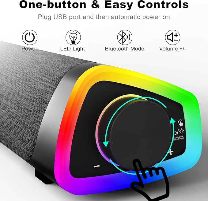 SOULION R30 Plus Bluetooth Computer Speakers, All-in-One Control Button with 6 Modes LED Lights PC Speaker, Wired USB Powered Surround Soundbar for Desktop Monitor Laptop Gray