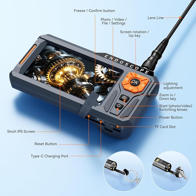 Triple Lens 5" IPS Borescope Inspection Camera, Ginocaco 1080P Digital Video Endoscope with Light, Waterproof Scope Camera with 16.5FT Semi-Rigid Cable, Drain Pipe Tool, Carrying Case, 32G Card